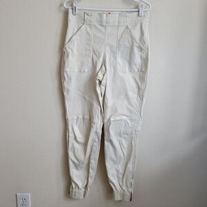 Spanx Stretch Twill Jogger Pants Parchment Ivory Size Large Ankle Zip Pull On.